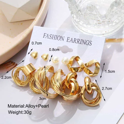 6 Pairs Geometric Metallic Design Earrings Set